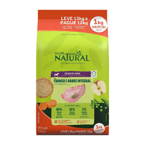 Ração Guabi Natural Cães Adultos Médio Frango e Arroz 12kg + 1kg Grátis