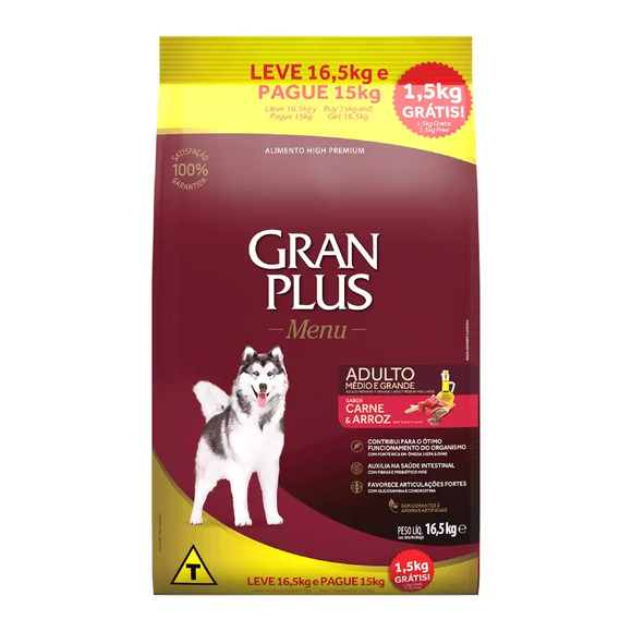 Ração Gran Plus Menu Carne e Arroz Cães Adultos 15kg + 1,5kg Grátis