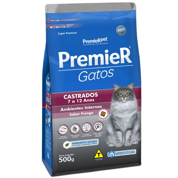 Ração Premier Ambientes Internos Gatos Castrados 7 a 12 anos Frango 500 g