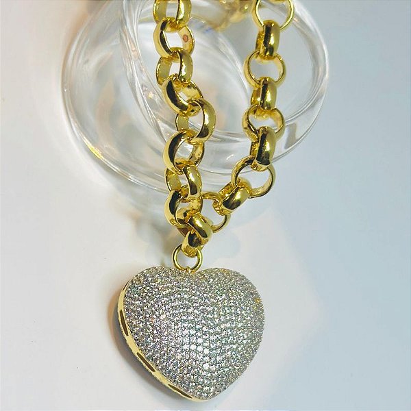 PULSEIRA BERLOQUEIRA ELO PORTUGUES E PINGENTE CORAÇÃO DUPLA FACE COM CRAVEJAM. DE 968 ZIRCONIAS 1mm 27,3GR  18K