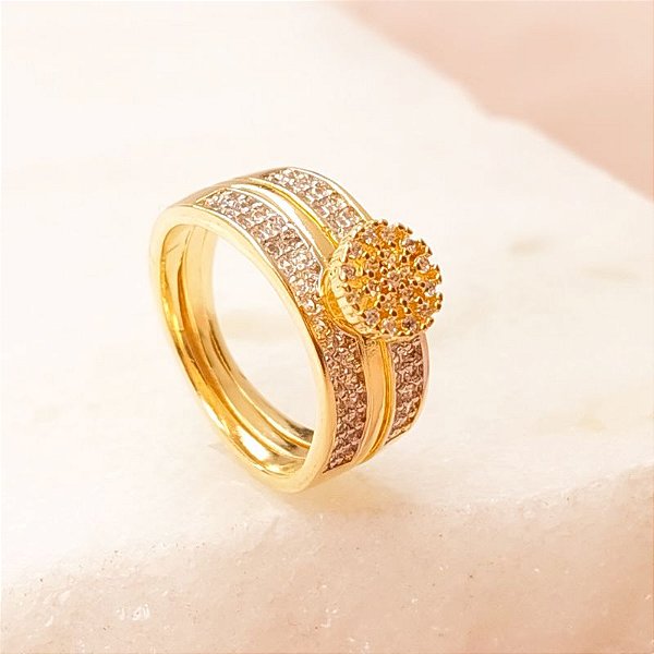 Anel luxo solitário dupla aliança cravejado em zircônia e ródio