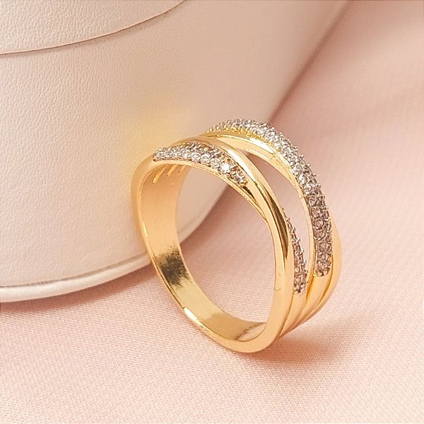 ANEL DUPLO FAIXAS EM X CRAVEJADO EM ZIRCÔNIAS E RÓDIO