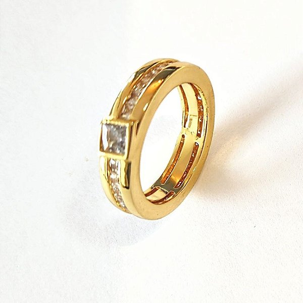 Anel aliança luxo com incrustações de zircônias quadradas | Modelo Absolute