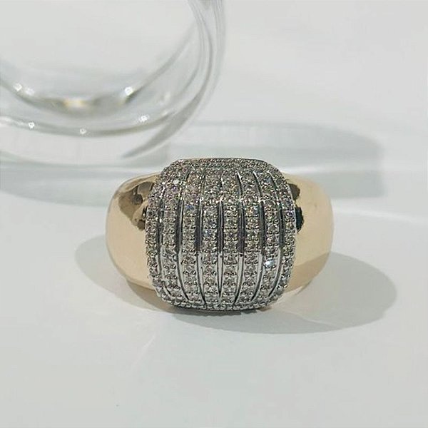 ANEL ARO OVALADO BANHO ROSÊ COM DETALHE CENTRAL EM RÓDIO BRANCO E CRAVEJ. DE ZIRCONIAS Nº 21  18K