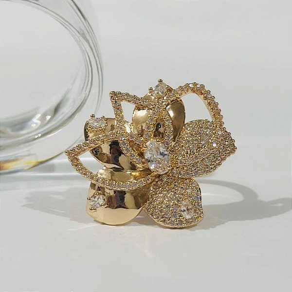 ANEL LUXO BANHO ROSÊ FLOR COM AROS CRAVEJADOS DE ZIRCONIAS Nº17  18K