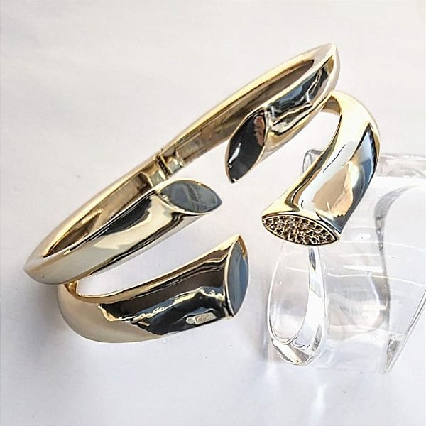 BRACELETE ABERTO DUPLO ARO FOLHAS COM ZIRC