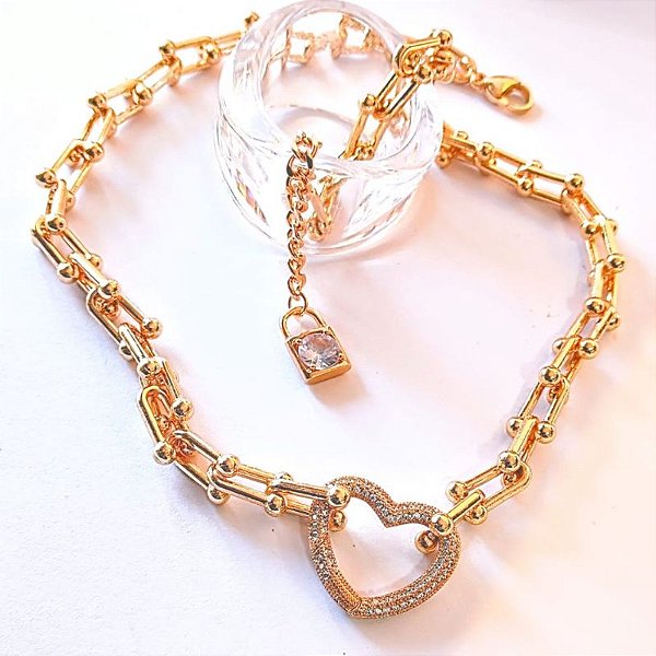 COLAR INSPIRAÇÃO TUFFANY COM FECHO LUXO E PING CORAÇÃO CRAVEJ 45+5CM