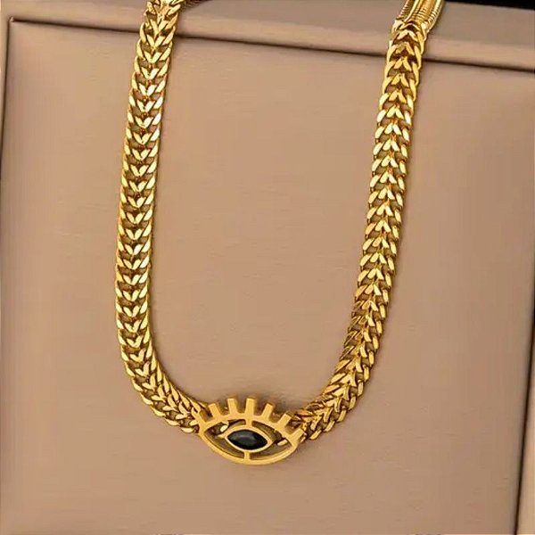 GARGANTILHA COM PINGENTE OLHO GREGO PEDRA ONIX, CORDÃO DE 5MM DE LARGURA 45+5CM EXTENSOR 12,80GR   18K