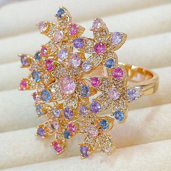 ANEL LUXO FLORES CRAVEJADAS EM ZIRCÔNIA COLORIDA
