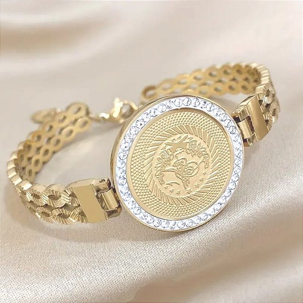 BRACELETE ESTILO RELÓGIO AÇO DOURADO COM DETALHES