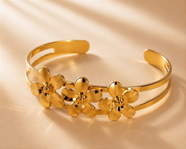 BRACELETE DUPLO ARO C 3 FLORES COM 5 PETALAS
