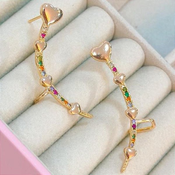 BRINCO EAR CUFF CORAÇÃO E ZIRCÔNIA COLORIDA