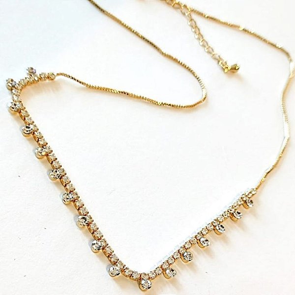 Choker - CHOKER NAVETE EM ZIRCONIAS 5X3 mm 30+10CM EXTENSOR 18K