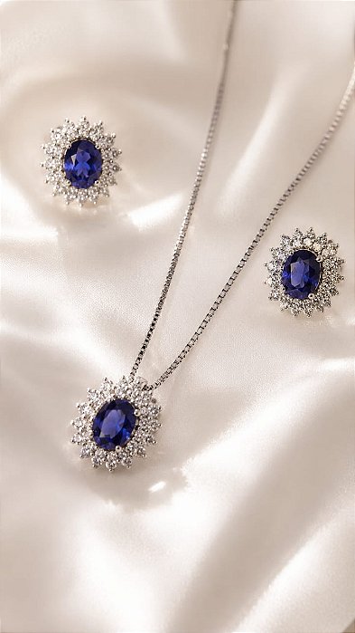 Conjunto - CJ 4 PÇ PRATA E ZIRC COR SAFIRA AZUL CENTRAL E ZIRC ENTORNO GARG+PING E BR 45CM