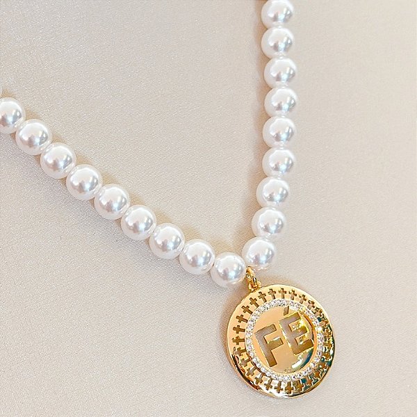 Conjunto - COLAR DE PEROLAS COM PING MEDALHÃO  FÉ