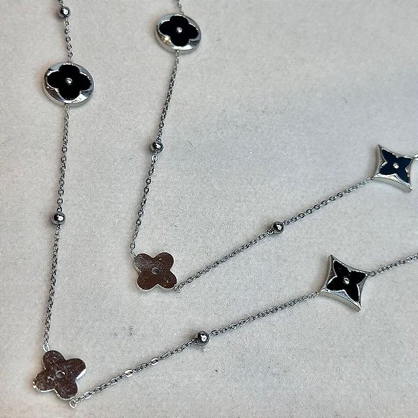COLAR ELO CADEADO COM TREVO E BOLINHAS 70CM