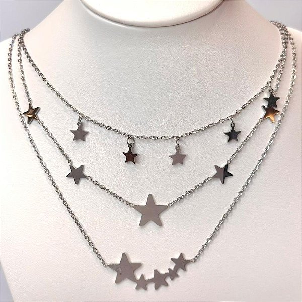 COLAR ELO CADEADO TRIPLO COM ESTRELAS