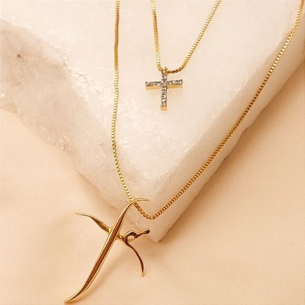 Conjunto - COLAR VENEZ PING FÉ E CRUZ ZIRC PRETA 60CM