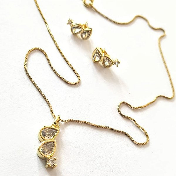 Conjunto - CONJUNTO 4 PÇ GARG VENEZ 45CM BRINCO E PINGENTE COM ZIRCONIAS 8mm GOTA E 3mm 18K