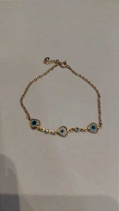 PULSEIRA  ELO PORTUGUES COM 3 CORAÇÕES OLHO GREGO