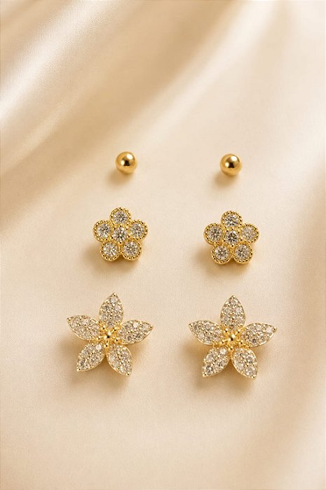 Brinco - BRINCO TRIO FLOR 5 PETALAS E PONTO ESFERA CRAVE E RODIO