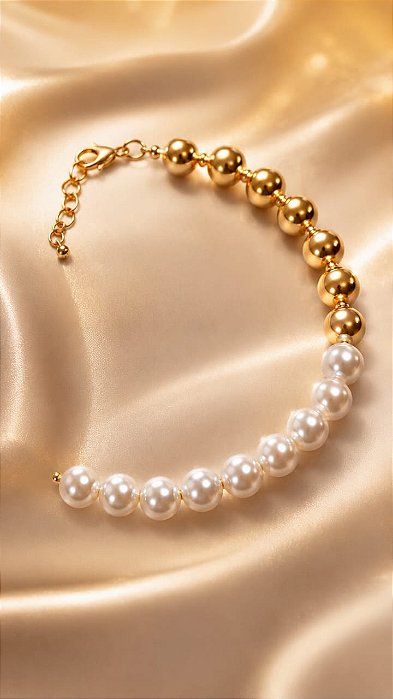 PULSEIRA LUXO MISTA PEROLAS DOURADAS E BRANCO PERO