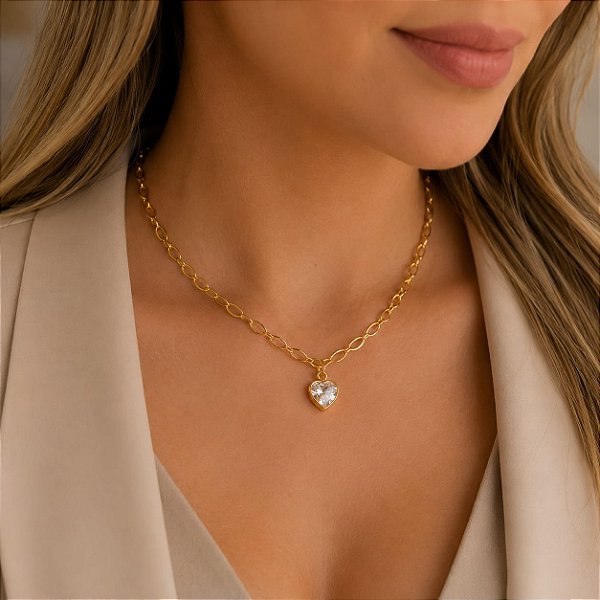 CHOCKER ELOS FOLHAS E ZIRCONIA ÚNICA CORAÇÃO