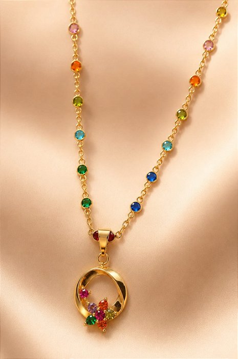 COLAR 65CM ZIRCONIAS COLORIDAS ESFERINHAS