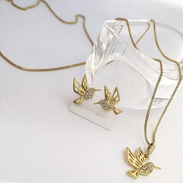 Conjunto - CJ 4 PÇ GARG VENEZ E PINGENTE BEIJA FLOR + BRINCOS