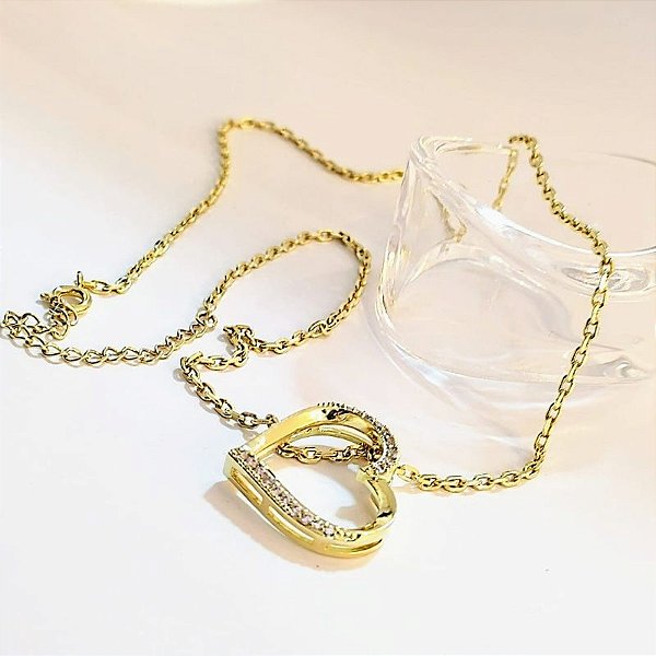 Conjunto - CORRENTE CADEADO + PING CORAÇÃO DUPLADO COM PASSA FIO