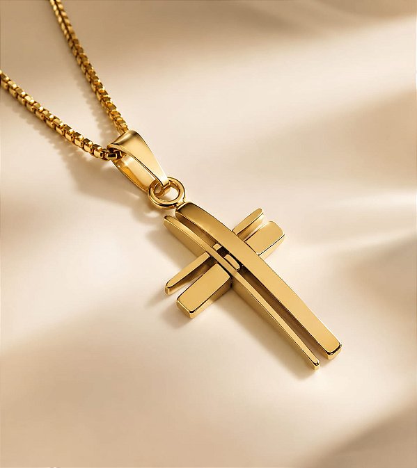 CONJ 2PÇ CORDÃO VENEZ TUBO 60CM E CRUZ GEOMETRICA