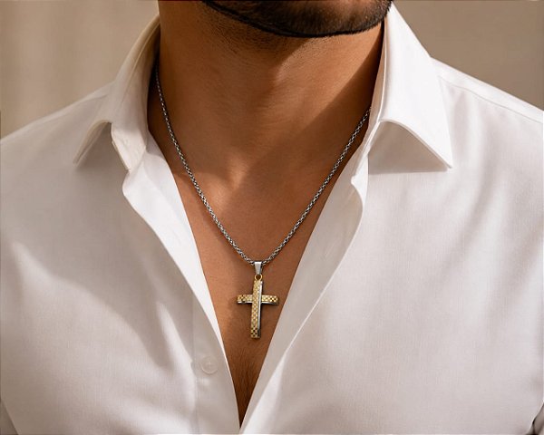 CONJ 2PÇ CORDÃO VENEZ TUBO 60CM E CRUZ XADRES LUXO