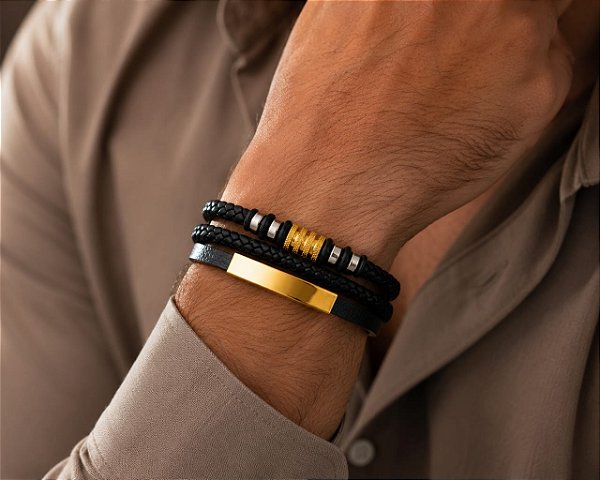 PULSEIRA COURO C DETALHES DOURADOS E PRATEADOS