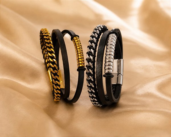 PULSEIRA COURO DETALHES EM CORRENTE COSTURADOS