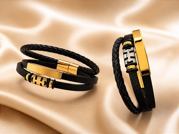 PULSEIRA MASCULINA COURO C DETALHES DOURADOS