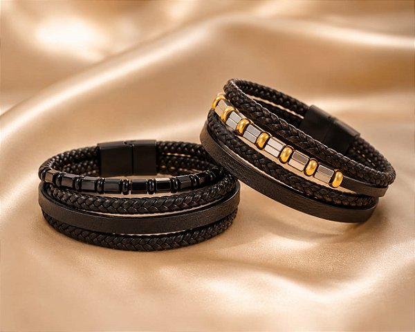 PULSEIRA MASCULINA COURO PRETA 4 CORDOES 2 TRANSS