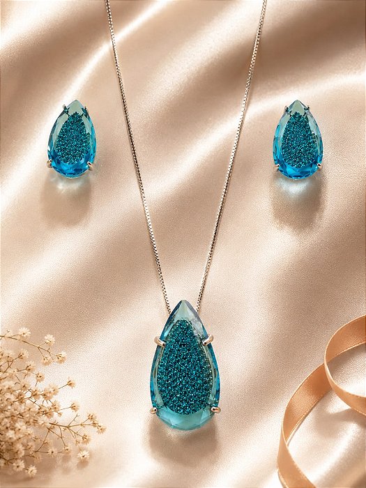 CONJ GARG LUXO GOTA ZIRC AZUL GARG + PING + BRINCO