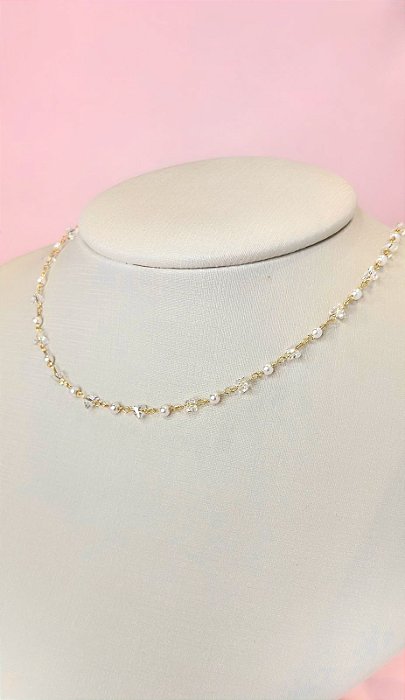 CHOCKER PÉROLAS E CRISTAIS  INTERCALADAS