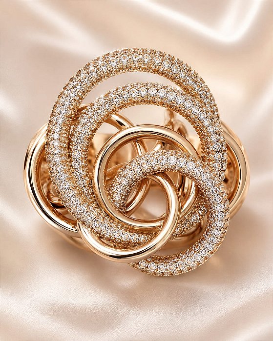 Anel luxo círculos cravejados em zircônia ouro ros
