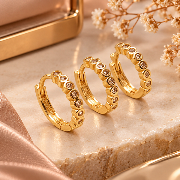 BRINCO TRIO ARGOLA CRAVEJADA ZIRCONIA REDONDAS