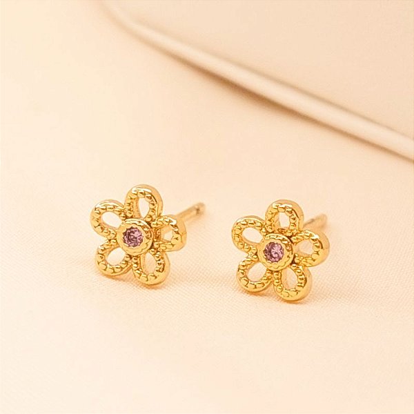 Brinco - BRINCO MINI FLOR PONTO LUZ CRISTAL- ZIRCONIA ROSA