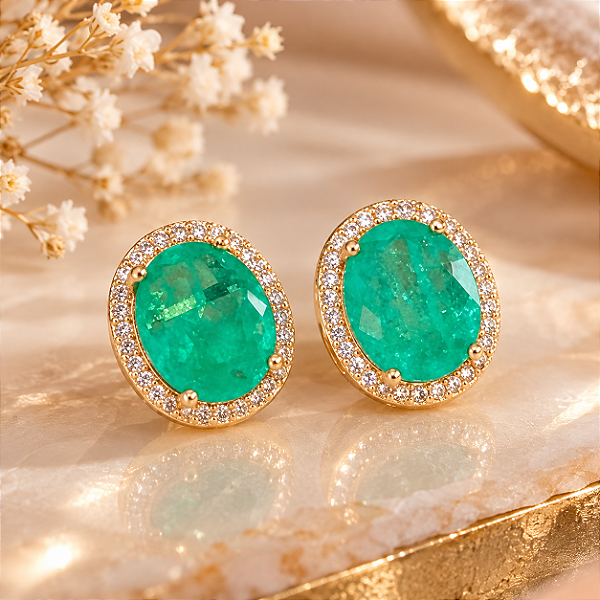 Brinco - BRINCO OVAL PEDRA VERDE COM BORDES EM ZIRCÔNIA