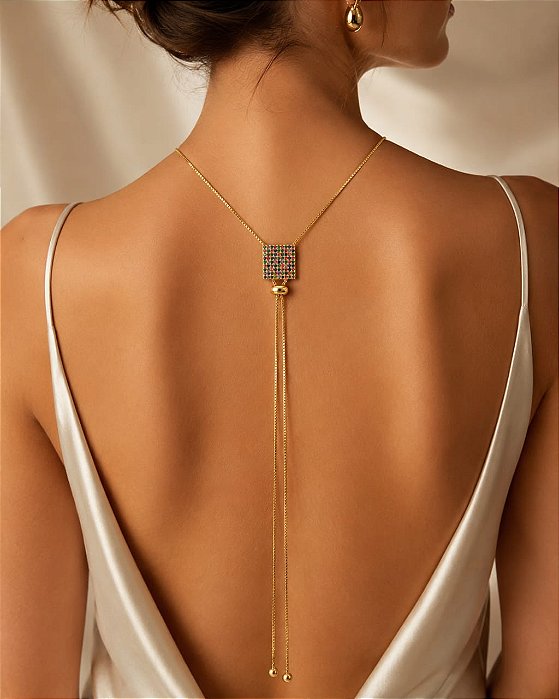 Colar - CHOKER GARGANTILHA GRAVATA FIO VENEZIANA C FECHO REGULADOR DE ALTURA E PINGENTE QUADRADO CRAVEJADO COM 81 ZIRCONIAS 1,1mm COLORIDAS 18K