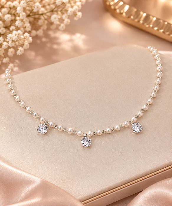 CHOKER MELINDROSA EM PEROLAS BRANCAS C/PING ZIRCON