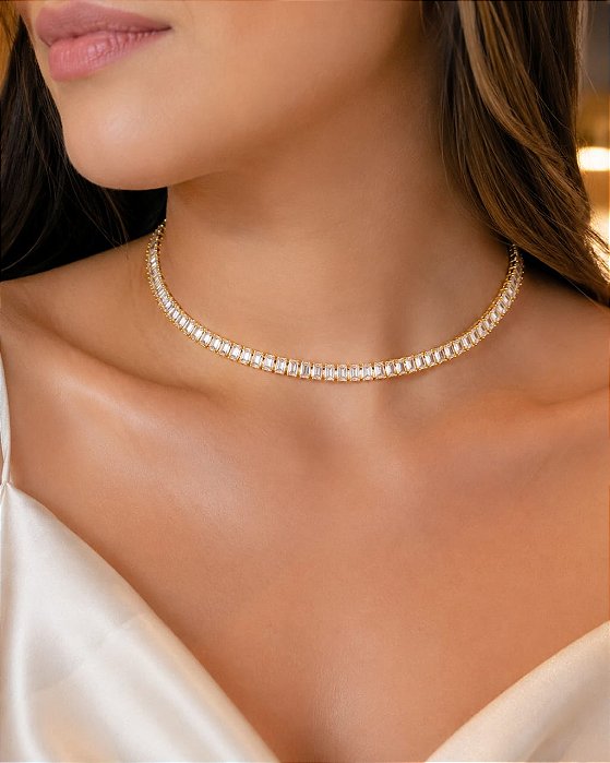 CHOKER NAVETE EM ZIRCONIAS 5X3 mm 30+10CM EXTENSOR
