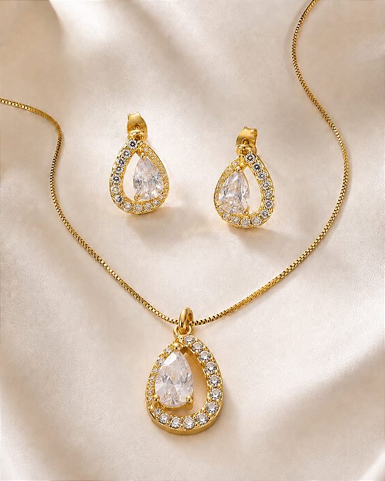 Conjunto - CJ 4 PÇ GARG E BRINCO E PINGENTE GOTA ZIRCONIA
