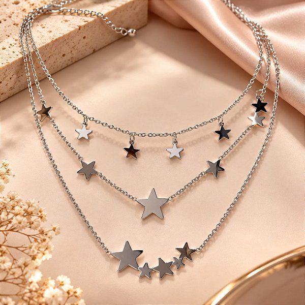 COLAR ELO CADEADO TRIPLO COM ESTRELAS
