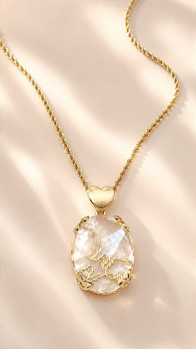 Conjunto - COLAR FIO BAIANO COM PINGENTE CORAÇÃO E PEDRA TRANSPARENTE COM DESENHO