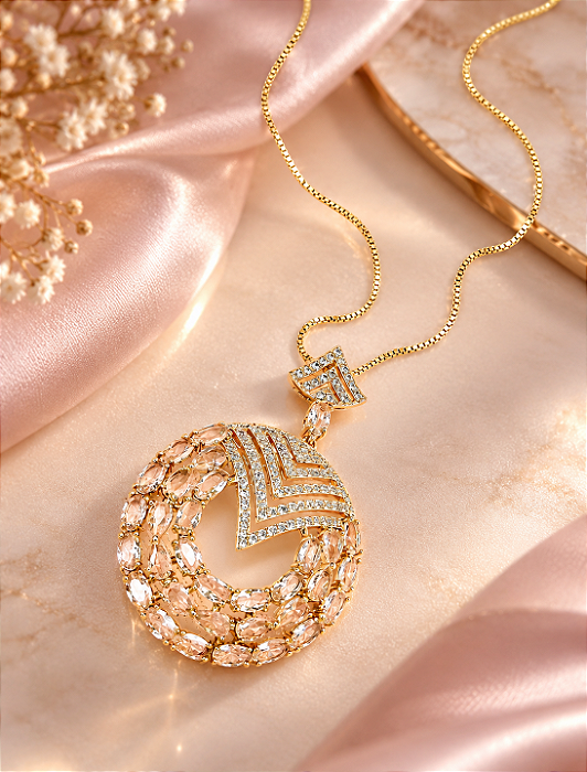 Conjunto - COLAR FIO VENEZ COM PINGENTE LUXO CRAV EM ZIRCONIA ROSE