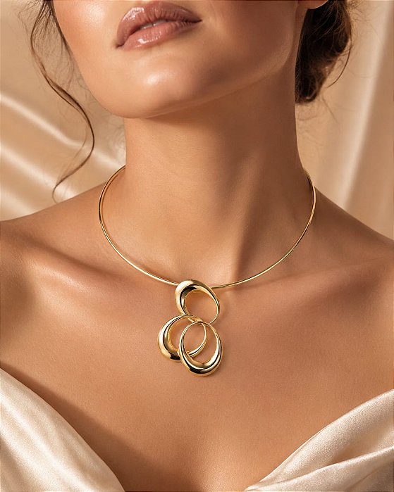 Choker - CONJ 2 PÇ CHOKER ARO COM PINGENTE 3 AROS OVALADOS 10,GR 18K